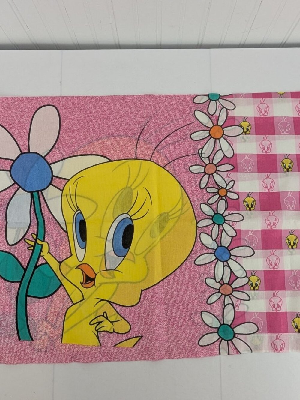 Vintage Dan River Tweety Bird Standard Size Pillowcase Pink Plaid Looney Tunes